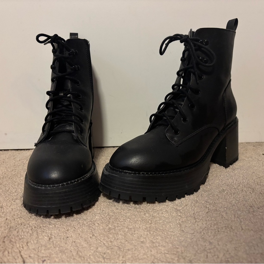 Sleek Black Lace-Up Combat Boots - Never Worn